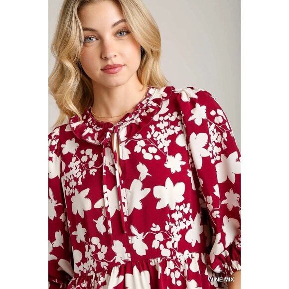 Umgee Wine/White Floral Printed Balloon Sleeve Top with Ruffle Detail~SMALL - Picture 2 of 7